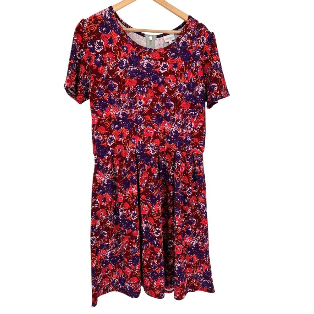 LuLaRoe Amelia Dress Women's Size 2XL Burgundy Floral Exposed Zipper Pleated